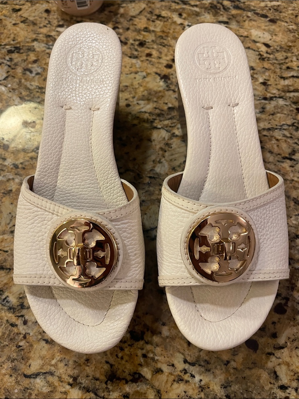 Tory Burch Cream Leather Slide Sandals with Gold Logo Medallions size 8